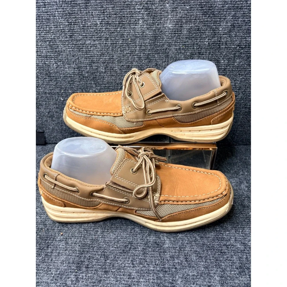 Thom McAn Mens Tan Leather Mesh Boat Shoes Lace Up Loafers Size 9.5